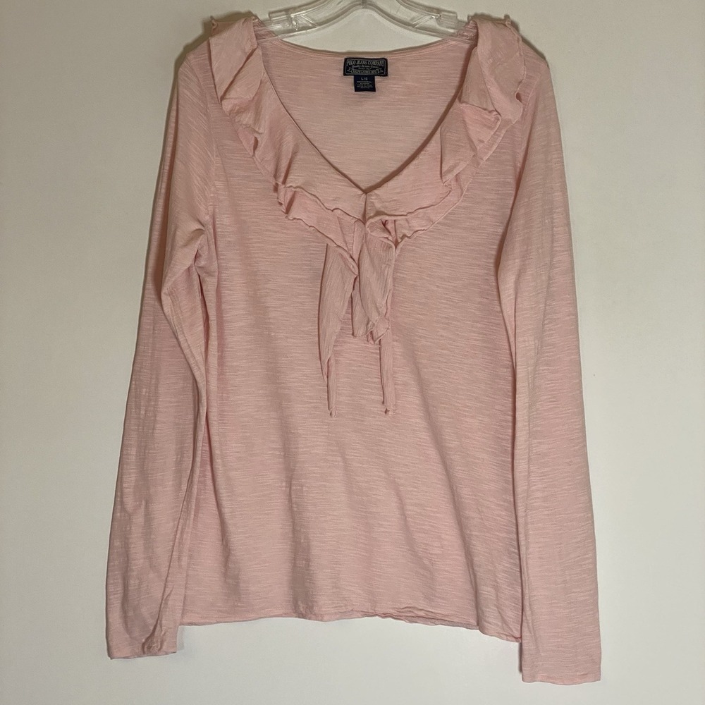 Polo Jeans Company Top Womens Large Pink‎ Ruffle Ralph Lauren V Neck Casual Nice